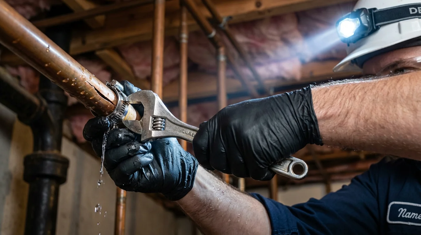 Emergency pipe clamp repair being performed by a Johns Plumbing LLC plumber in Immokalee