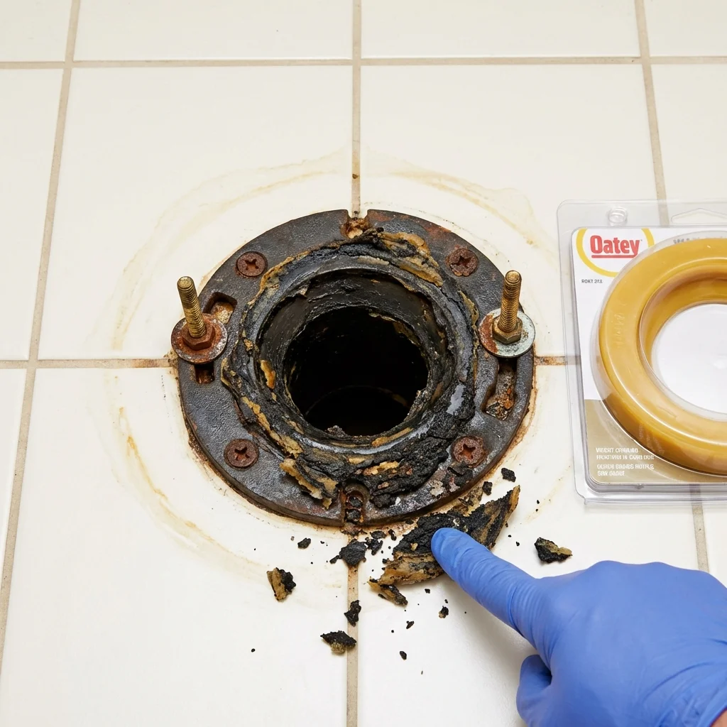 Failed wax ring showing water seepage at the base of a toilet in a Immokalee, FL home